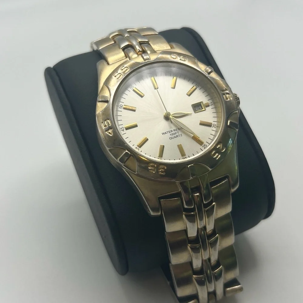 Water Resistant Mens Watch Two Tone Metal Link Bracelet Watch Working